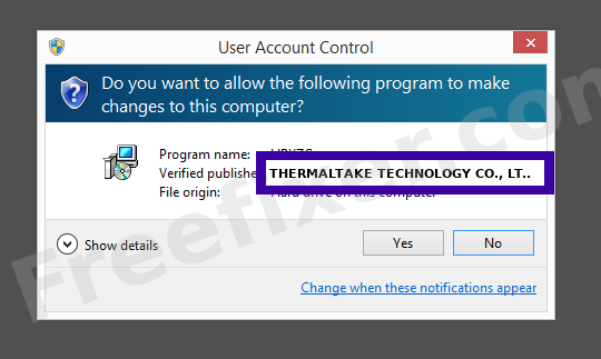 Screenshot where THERMALTAKE TECHNOLOGY CO., LTD. appears as the verified publisher in the UAC dialog